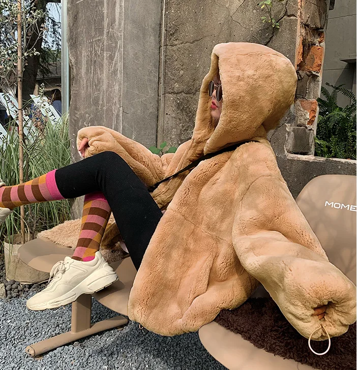 Oversize Parkas Women's Winter Fur Jacket Female Loose Faux Rabbit Fur Zip Hooded Thicken Short Fur Coat Thick Furry Warm Jacket