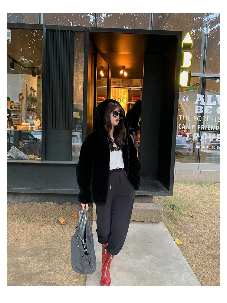Oversize Parkas Women's Winter Fur Jacket Female Loose Faux Rabbit Fur Zip Hooded Thicken Short Fur Coat Thick Furry Warm Jacket