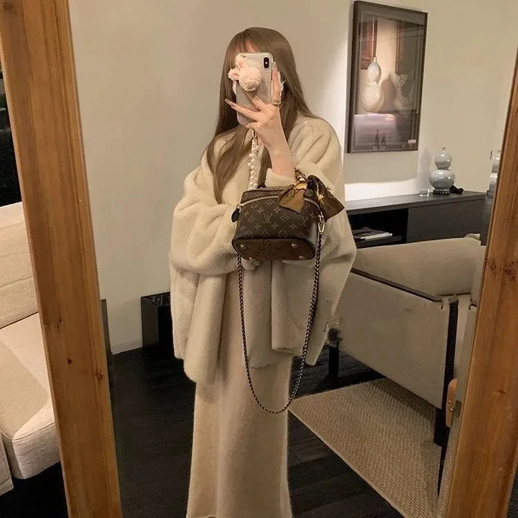 Faux Mink Fur Coat for Women, Covered Open Stitch , V-Neck Jacket,Thick Warm Female Clothes,Autumn and Winter, New, 2024