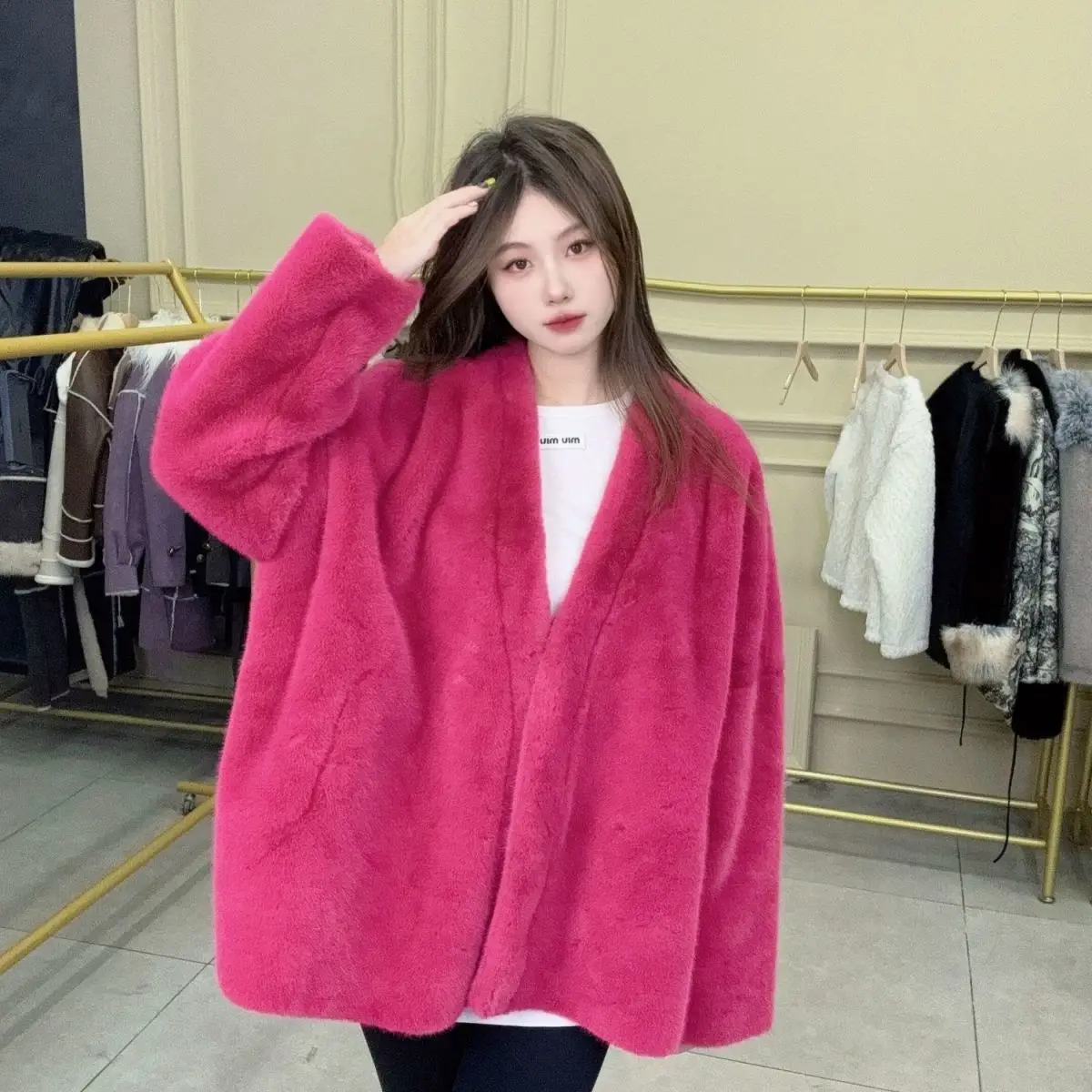 Faux Mink Fur Coat for Women, Covered Open Stitch , V-Neck Jacket,Thick Warm Female Clothes,Autumn and Winter, New, 2024