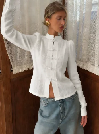 2026 New Chinese Frog Button Stand Collar Slim Blouse Puff Sleeve Linen Shirt Elegant Commute Y2K White Women Daily Fit Top