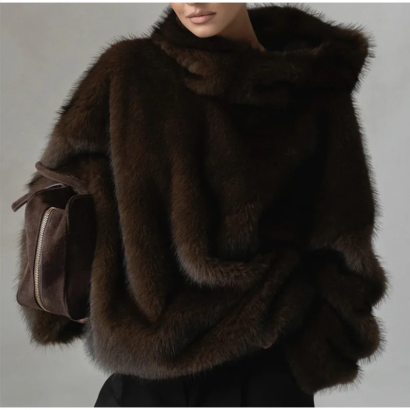 Casual Furry Faux Fur Hooded Pullover Women Loose Full Sleeve Warm Solid Coat 2026 Autumn Winter Lady Street Fashion Outwear New