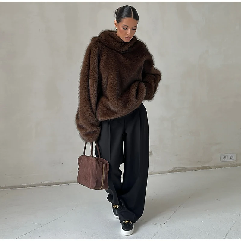 Casual Furry Faux Fur Hooded Pullover Women Loose Full Sleeve Warm Solid Coat 2026 Autumn Winter Lady Street Fashion Outwear New