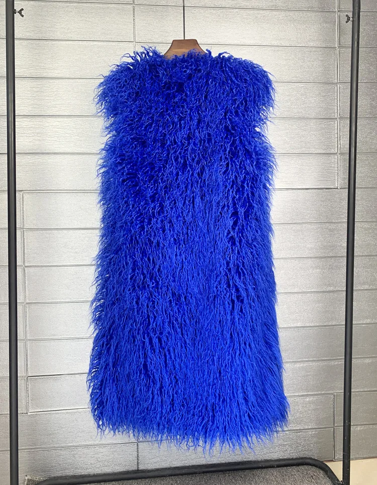 Mongolia Sheep Fur Women Long Vest Colorful Warm Faux Fur High Street Plush Coats Female Jacket Autumn Winter Furry Outerwear