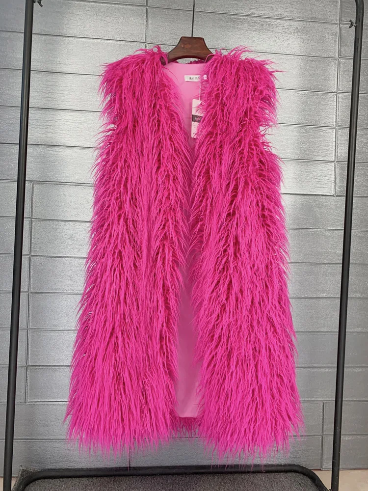 Mongolia Sheep Fur Women Long Vest Colorful Warm Faux Fur High Street Plush Coats Female Jacket Autumn Winter Furry Outerwear