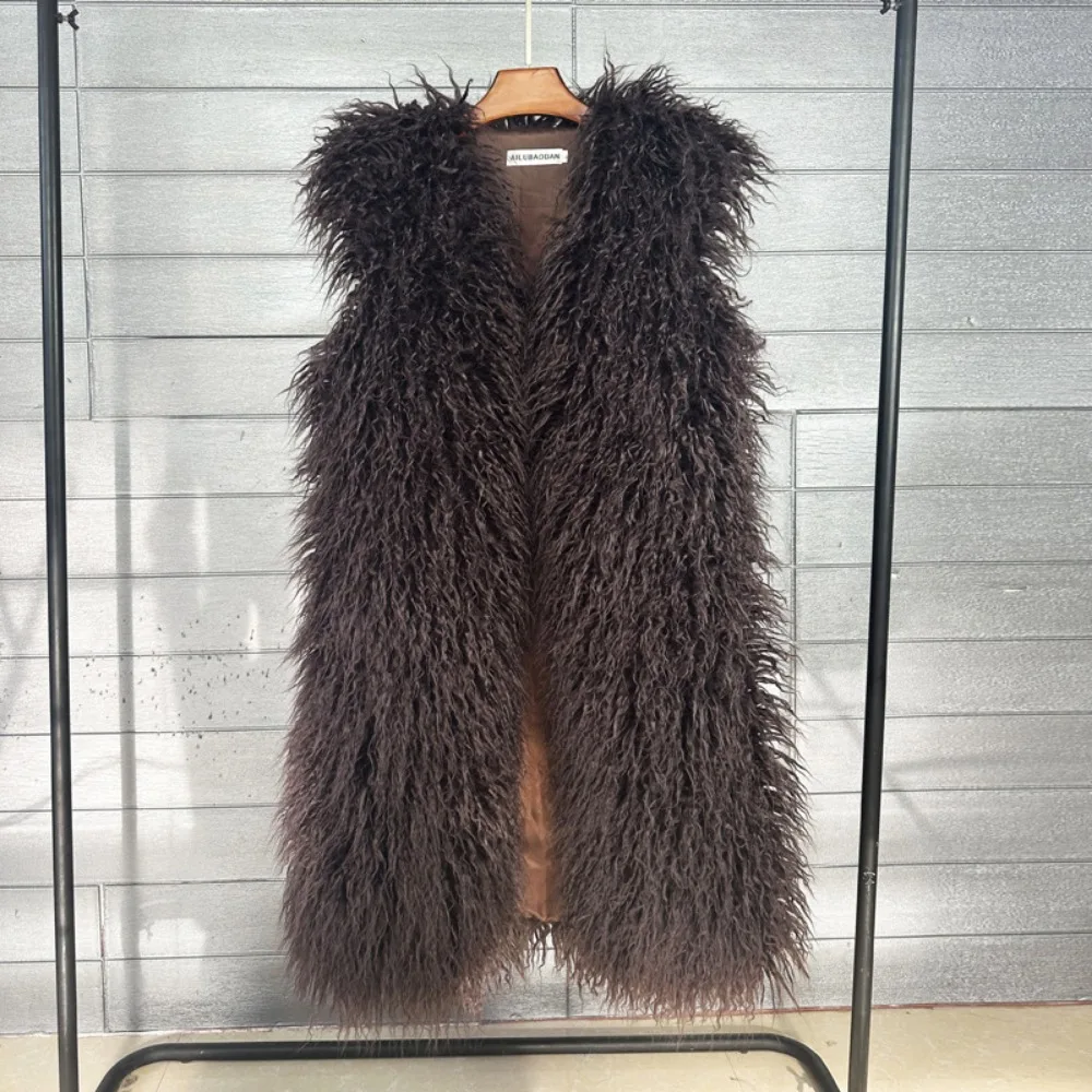Mongolia Sheep Fur Women Long Vest Colorful Warm Faux Fur High Street Plush Coats Female Jacket Autumn Winter Furry Outerwear