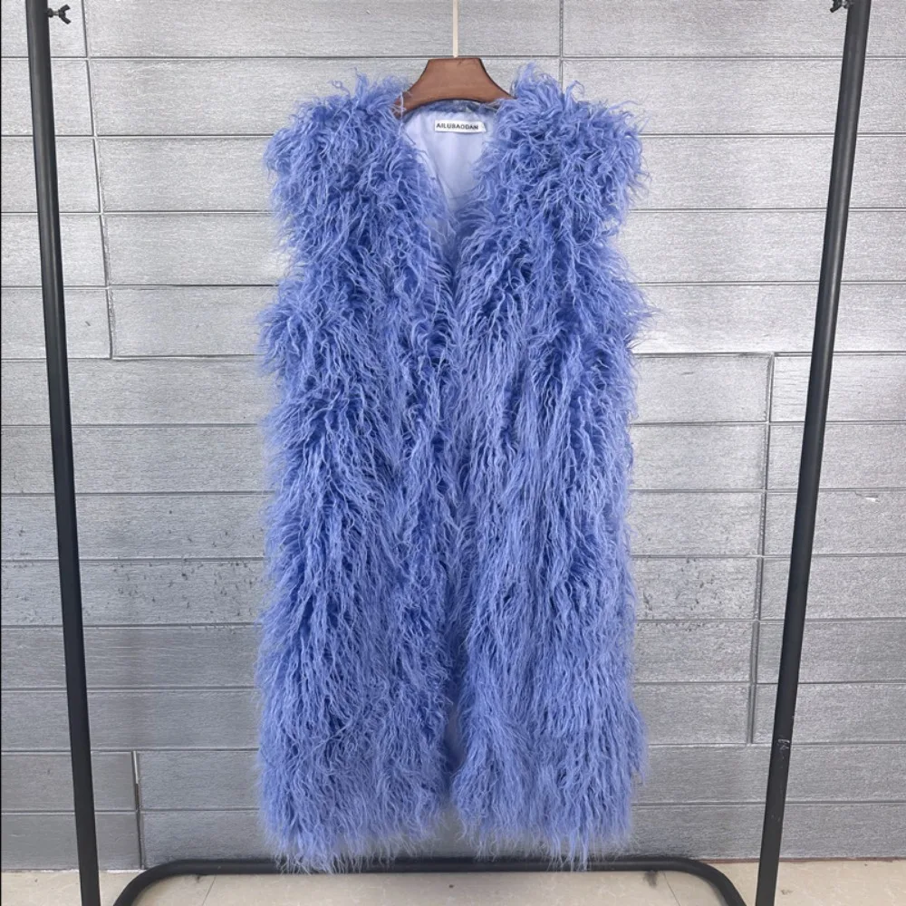 Mongolia Sheep Fur Women Long Vest Colorful Warm Faux Fur High Street Plush Coats Female Jacket Autumn Winter Furry Outerwear