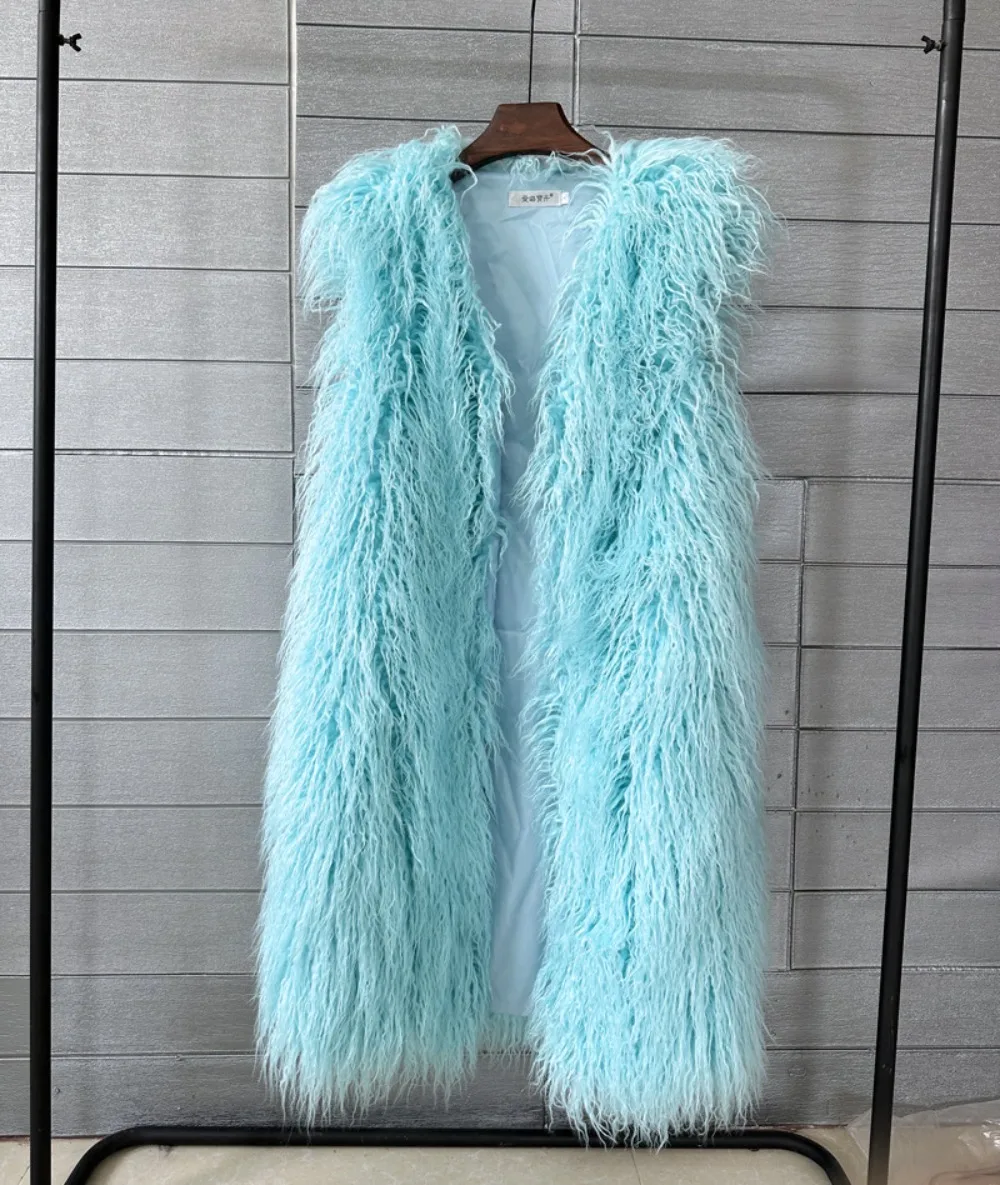 Mongolia Sheep Fur Women Long Vest Colorful Warm Faux Fur High Street Plush Coats Female Jacket Autumn Winter Furry Outerwear