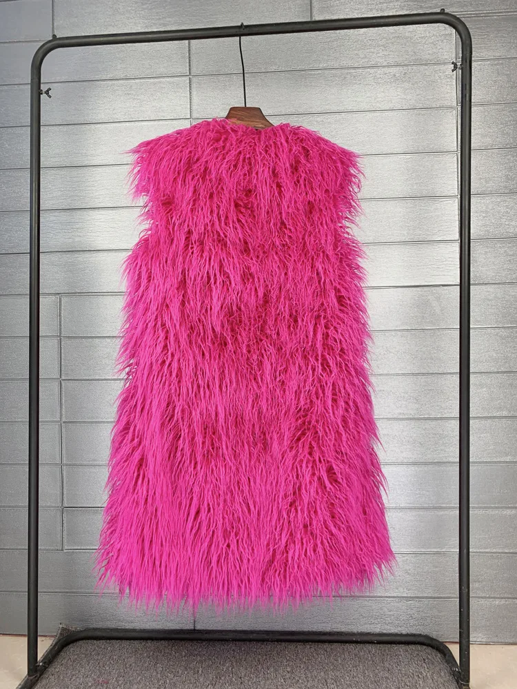 Mongolia Sheep Fur Women Long Vest Colorful Warm Faux Fur High Street Plush Coats Female Jacket Autumn Winter Furry Outerwear