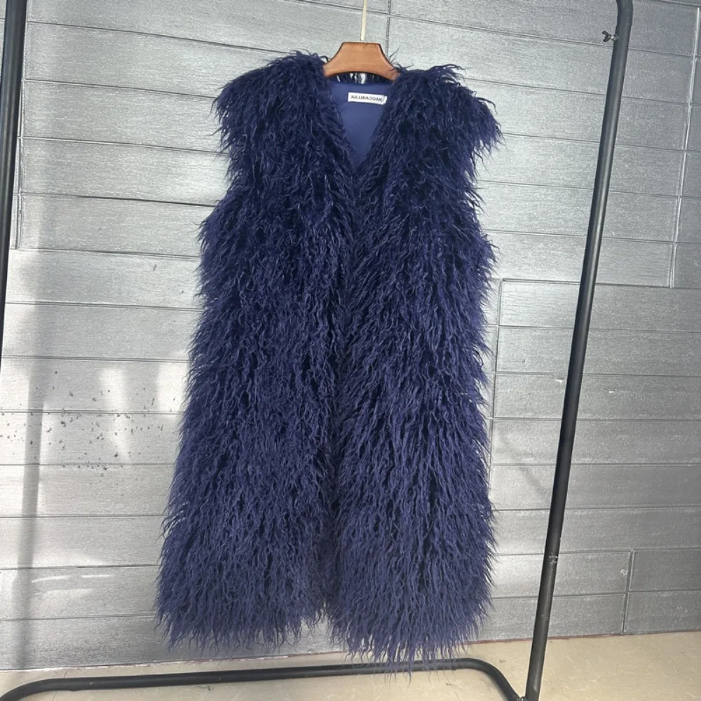 Mongolia Sheep Fur Women Long Vest Colorful Warm Faux Fur High Street Plush Coats Female Jacket Autumn Winter Furry Outerwear