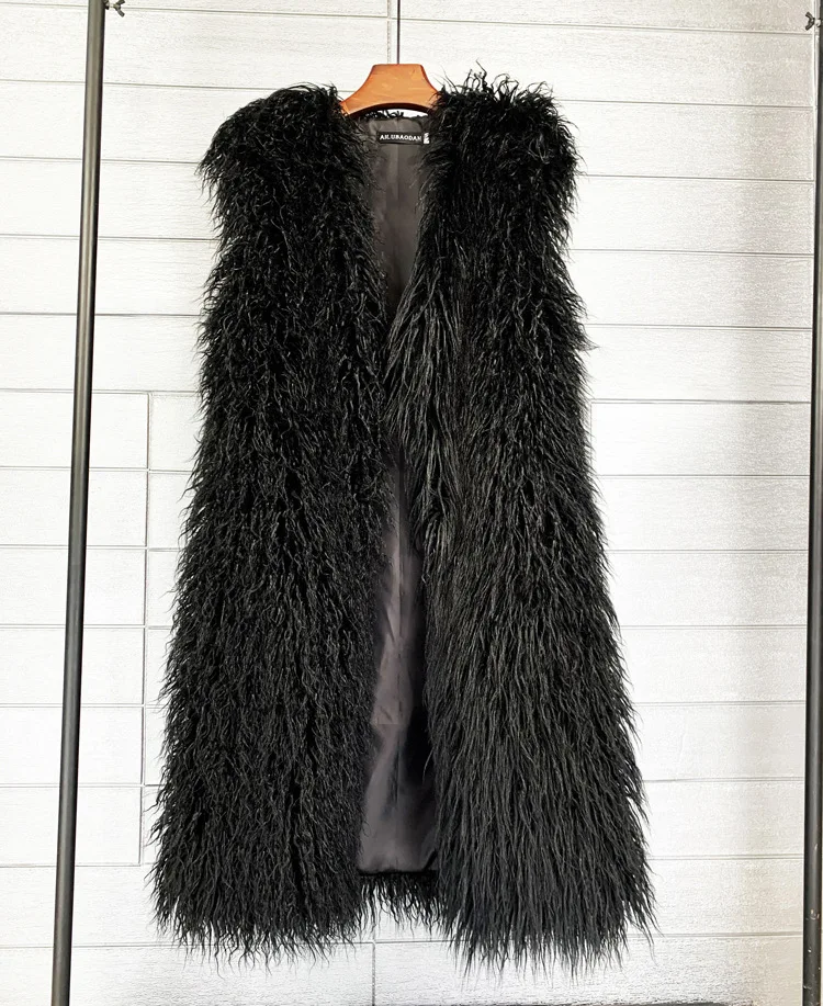Mongolia Sheep Fur Women Long Vest Colorful Warm Faux Fur High Street Plush Coats Female Jacket Autumn Winter Furry Outerwear
