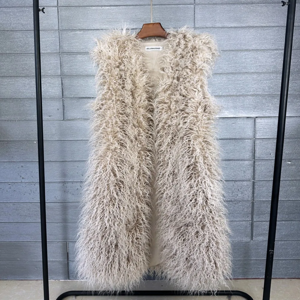 Mongolia Sheep Fur Women Long Vest Colorful Warm Faux Fur High Street Plush Coats Female Jacket Autumn Winter Furry Outerwear