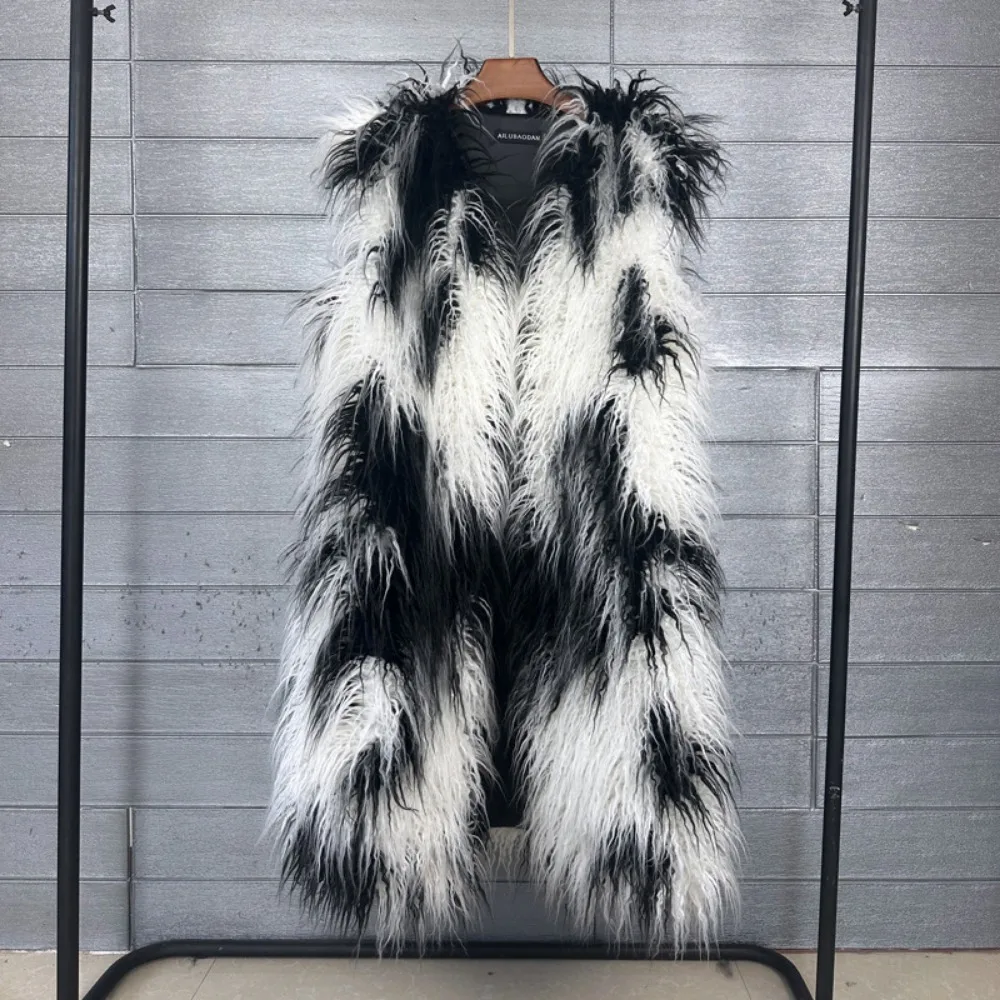Mongolia Sheep Fur Women Long Vest Colorful Warm Faux Fur High Street Plush Coats Female Jacket Autumn Winter Furry Outerwear