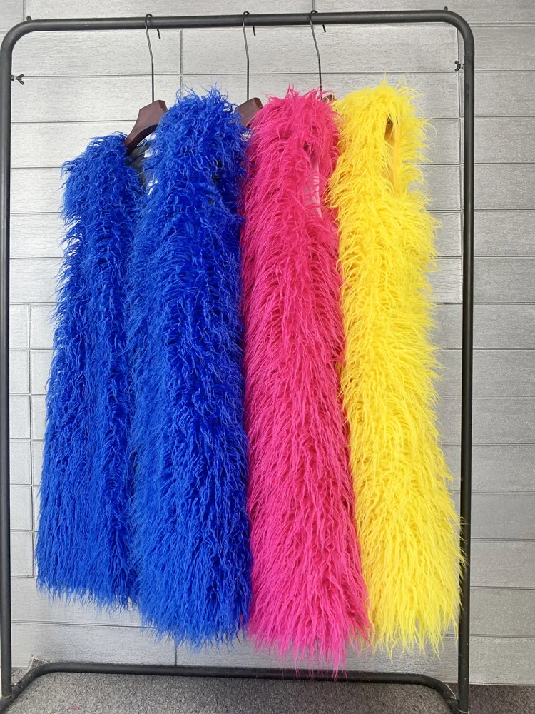 Mongolia Sheep Fur Women Long Vest Colorful Warm Faux Fur High Street Plush Coats Female Jacket Autumn Winter Furry Outerwear
