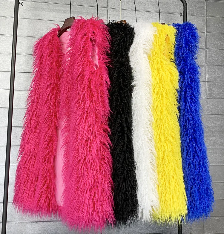 Mongolia Sheep Fur Women Long Vest Colorful Warm Faux Fur High Street Plush Coats Female Jacket Autumn Winter Furry Outerwear