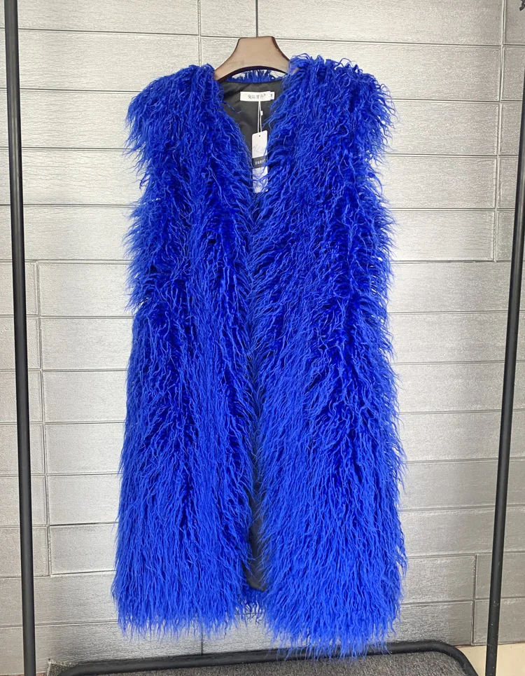 Mongolia Sheep Fur Women Long Vest Colorful Warm Faux Fur High Street Plush Coats Female Jacket Autumn Winter Furry Outerwear