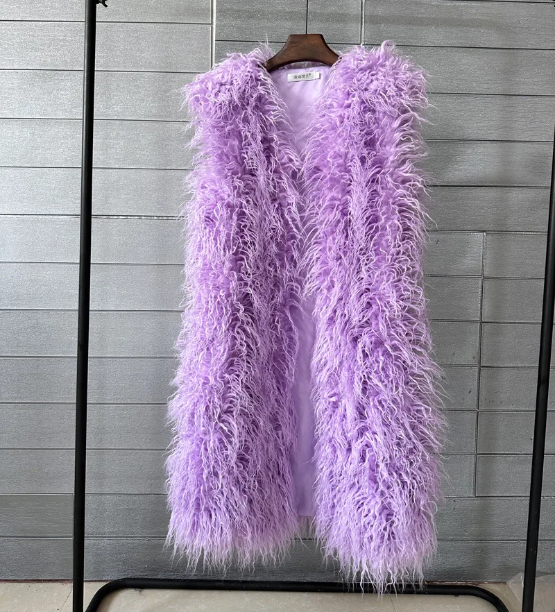 Mongolia Sheep Fur Women Long Vest Colorful Warm Faux Fur High Street Plush Coats Female Jacket Autumn Winter Furry Outerwear