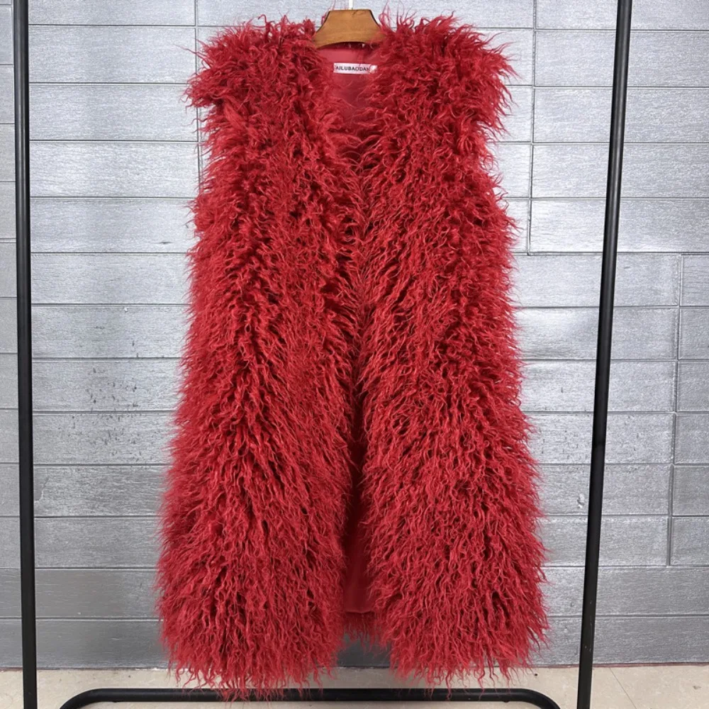 Mongolia Sheep Fur Women Long Vest Colorful Warm Faux Fur High Street Plush Coats Female Jacket Autumn Winter Furry Outerwear