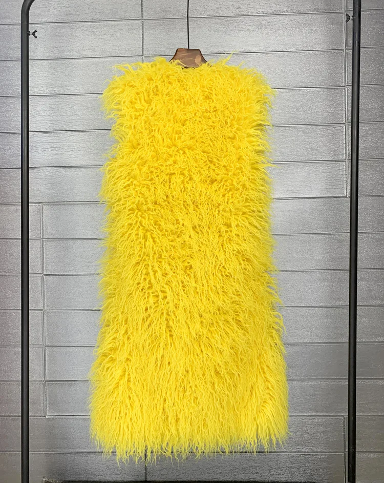 Mongolia Sheep Fur Women Long Vest Colorful Warm Faux Fur High Street Plush Coats Female Jacket Autumn Winter Furry Outerwear