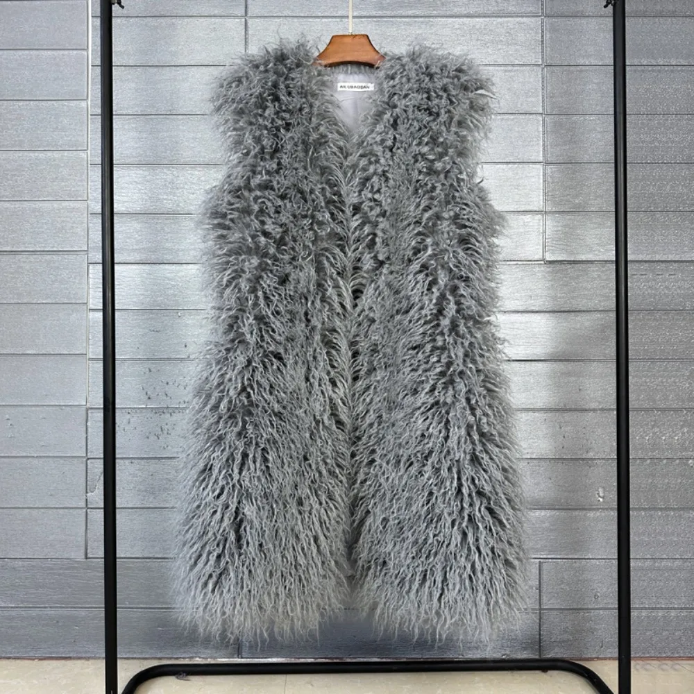 Mongolia Sheep Fur Women Long Vest Colorful Warm Faux Fur High Street Plush Coats Female Jacket Autumn Winter Furry Outerwear