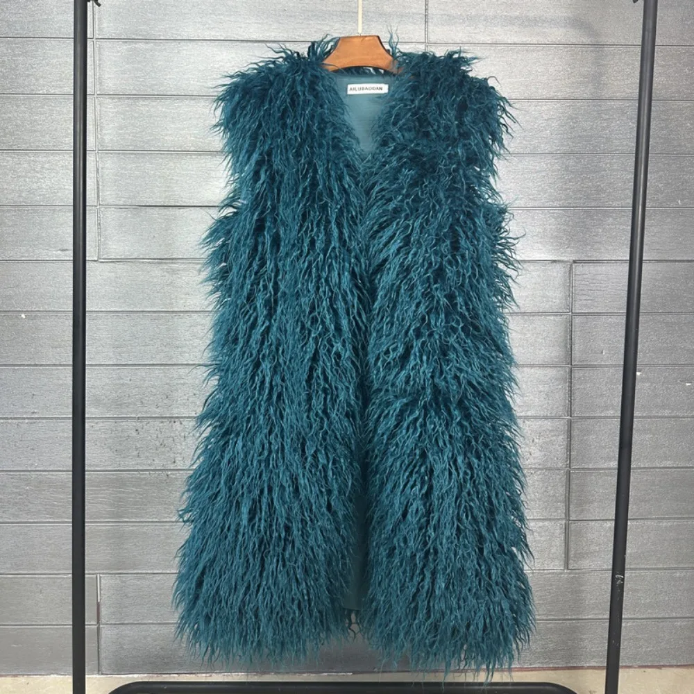 Mongolia Sheep Fur Women Long Vest Colorful Warm Faux Fur High Street Plush Coats Female Jacket Autumn Winter Furry Outerwear