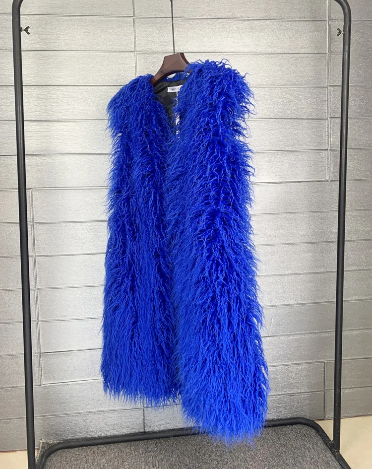 Mongolia Sheep Fur Women Long Vest Colorful Warm Faux Fur High Street Plush Coats Female Jacket Autumn Winter Furry Outerwear