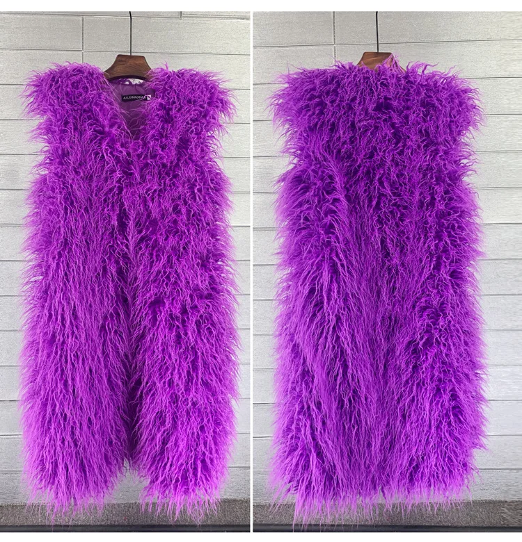 Mongolia Sheep Fur Women Long Vest Colorful Warm Faux Fur High Street Plush Coats Female Jacket Autumn Winter Furry Outerwear