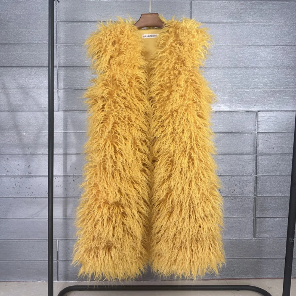 Mongolia Sheep Fur Women Long Vest Colorful Warm Faux Fur High Street Plush Coats Female Jacket Autumn Winter Furry Outerwear
