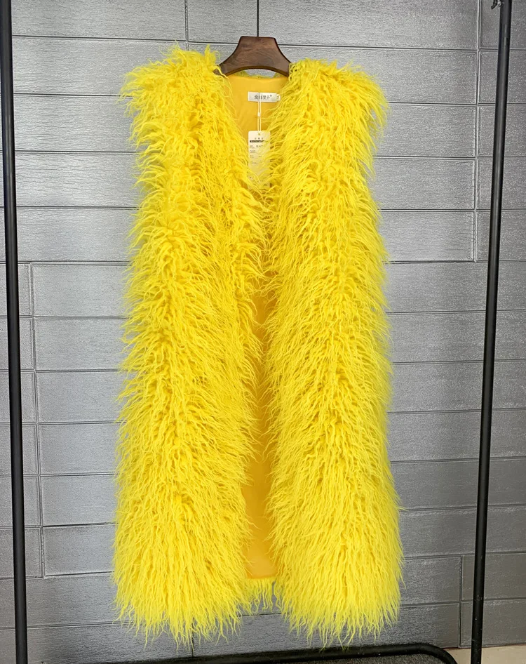 Mongolia Sheep Fur Women Long Vest Colorful Warm Faux Fur High Street Plush Coats Female Jacket Autumn Winter Furry Outerwear
