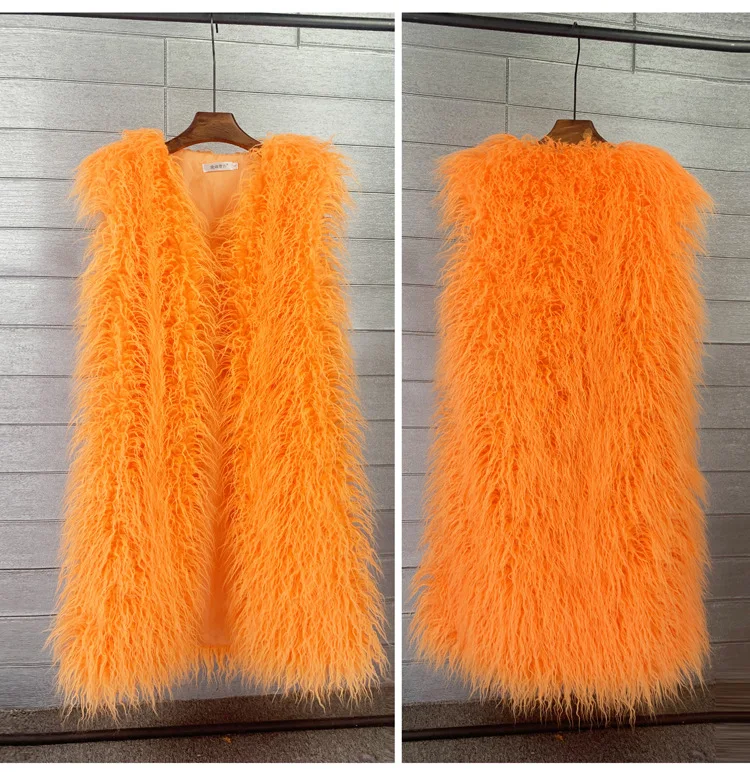 Mongolia Sheep Fur Women Long Vest Colorful Warm Faux Fur High Street Plush Coats Female Jacket Autumn Winter Furry Outerwear