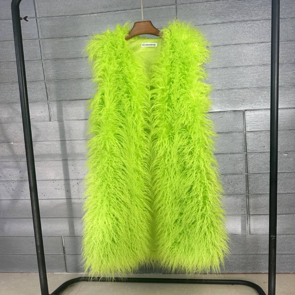 Mongolia Sheep Fur Women Long Vest Colorful Warm Faux Fur High Street Plush Coats Female Jacket Autumn Winter Furry Outerwear