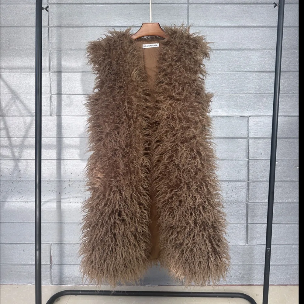 Mongolia Sheep Fur Women Long Vest Colorful Warm Faux Fur High Street Plush Coats Female Jacket Autumn Winter Furry Outerwear