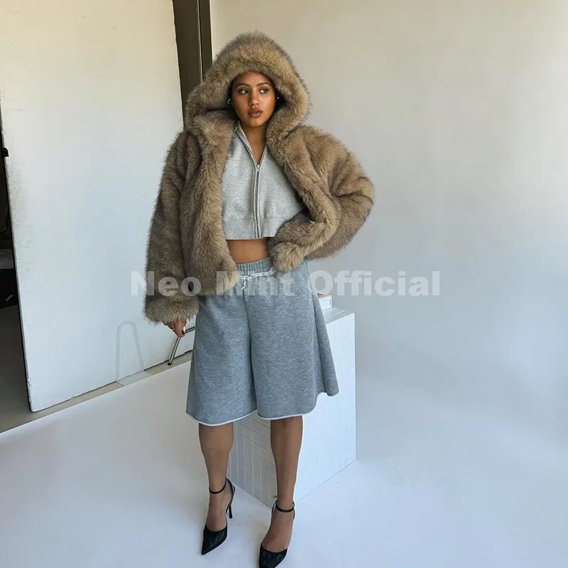 Neo Mint Exclusive Women Winter Hooded Faux Fur Coat Chic Street Fashion Girls Fluffy Fox Fur Jacket Thick Warm Shaggy Overcoat