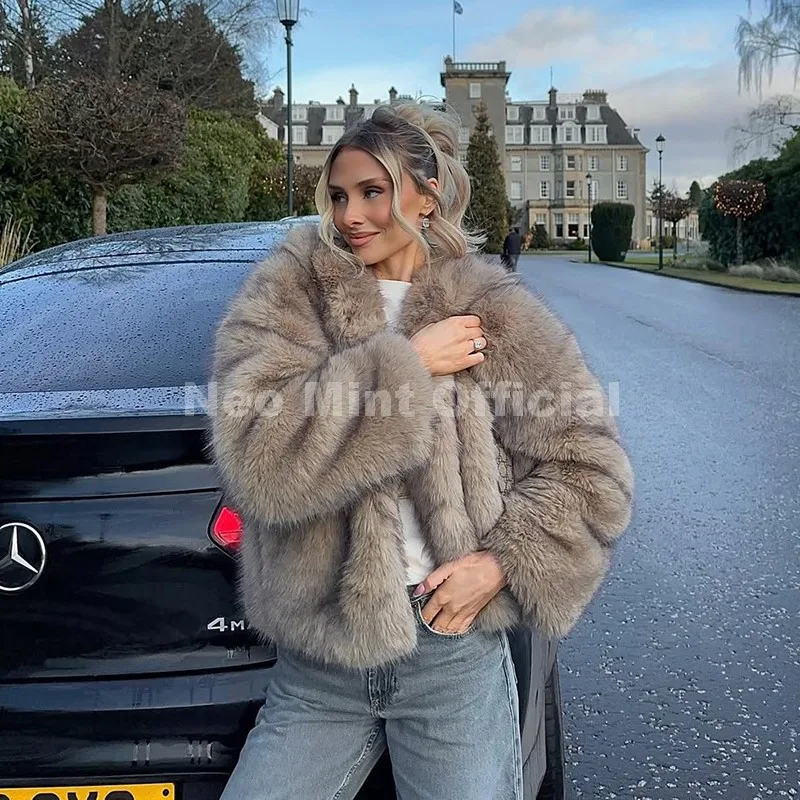 Neo Mint Exclusive Women Winter Hooded Faux Fur Coat Chic Street Fashion Girls Fluffy Fox Fur Jacket Thick Warm Shaggy Overcoat