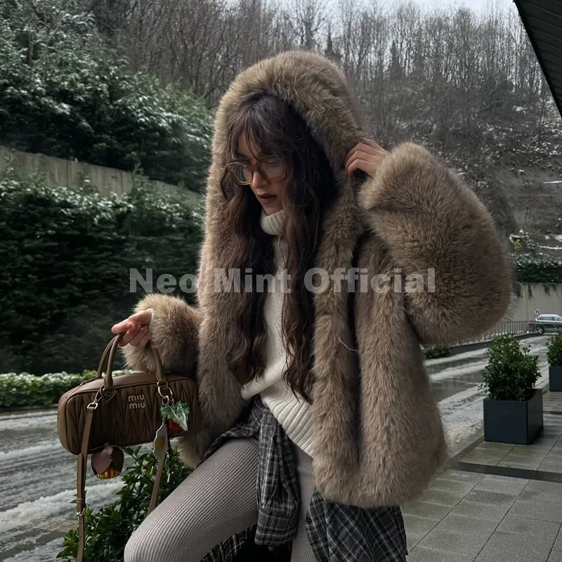 Neo Mint Exclusive Women Winter Hooded Faux Fur Coat Chic Street Fashion Girls Fluffy Fox Fur Jacket Thick Warm Shaggy Overcoat