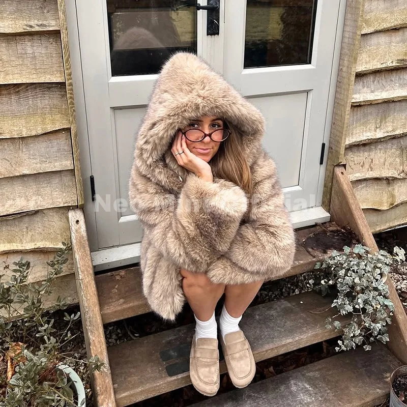 Neo Mint Exclusive Women Winter Hooded Faux Fur Coat Chic Street Fashion Girls Fluffy Fox Fur Jacket Thick Warm Shaggy Overcoat