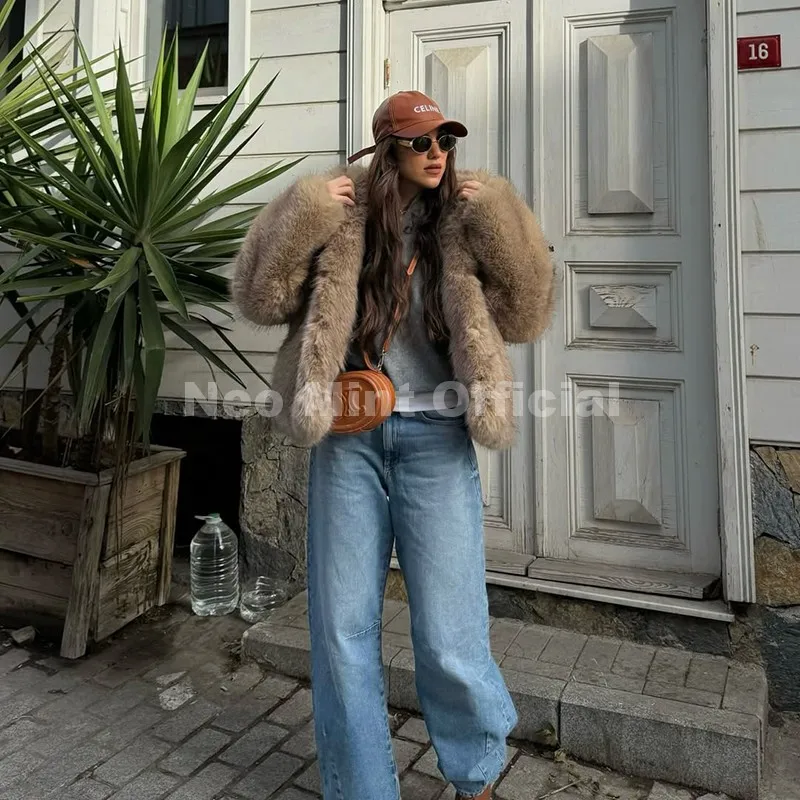 Neo Mint Exclusive Women Winter Hooded Faux Fur Coat Chic Street Fashion Girls Fluffy Fox Fur Jacket Thick Warm Shaggy Overcoat
