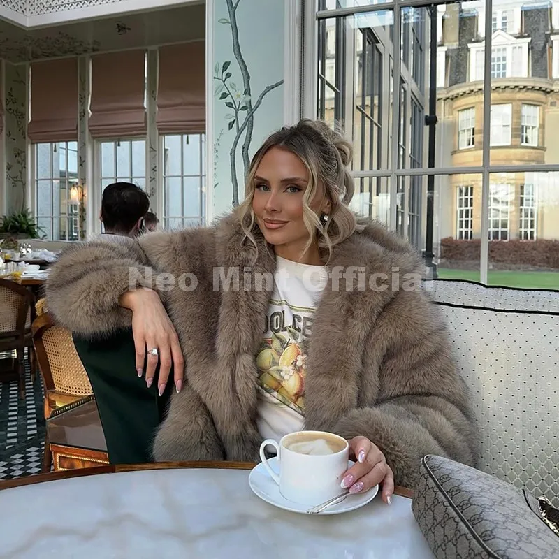 Neo Mint Exclusive Women Winter Hooded Faux Fur Coat Chic Street Fashion Girls Fluffy Fox Fur Jacket Thick Warm Shaggy Overcoat