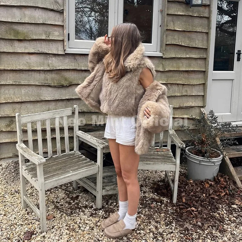 Neo Mint Exclusive Women Winter Hooded Faux Fur Coat Chic Street Fashion Girls Fluffy Fox Fur Jacket Thick Warm Shaggy Overcoat
