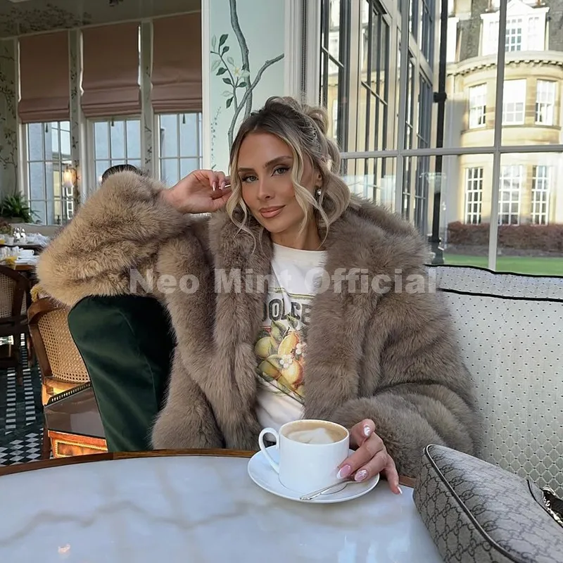 Neo Mint Exclusive Women Winter Hooded Faux Fur Coat Chic Street Fashion Girls Fluffy Fox Fur Jacket Thick Warm Shaggy Overcoat