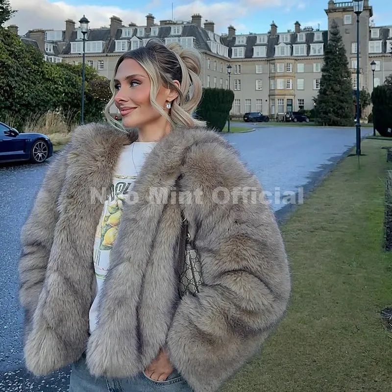 Neo Mint Exclusive Women Winter Hooded Faux Fur Coat Chic Street Fashion Girls Fluffy Fox Fur Jacket Thick Warm Shaggy Overcoat