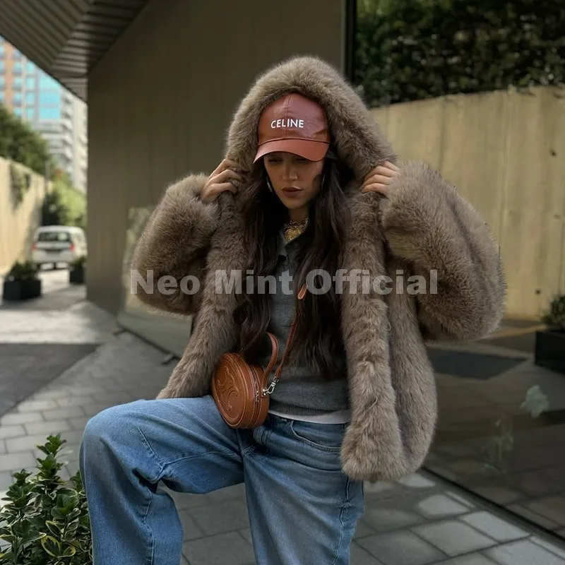 Neo Mint Exclusive Women Winter Hooded Faux Fur Coat Chic Street Fashion Girls Fluffy Fox Fur Jacket Thick Warm Shaggy Overcoat