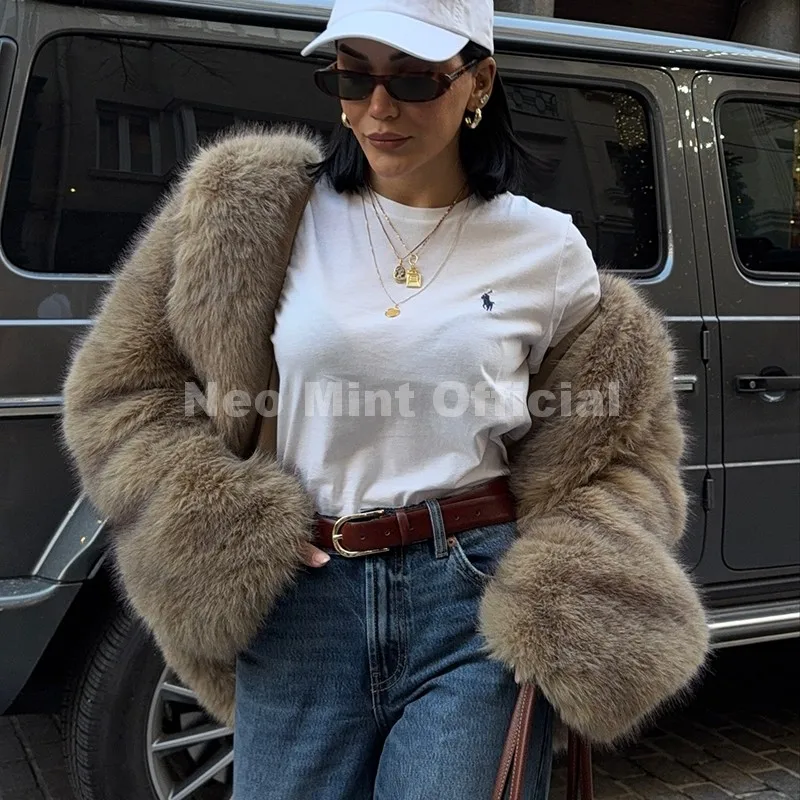 Neo Mint Exclusive Women Winter Hooded Faux Fur Coat Chic Street Fashion Girls Fluffy Fox Fur Jacket Thick Warm Shaggy Overcoat