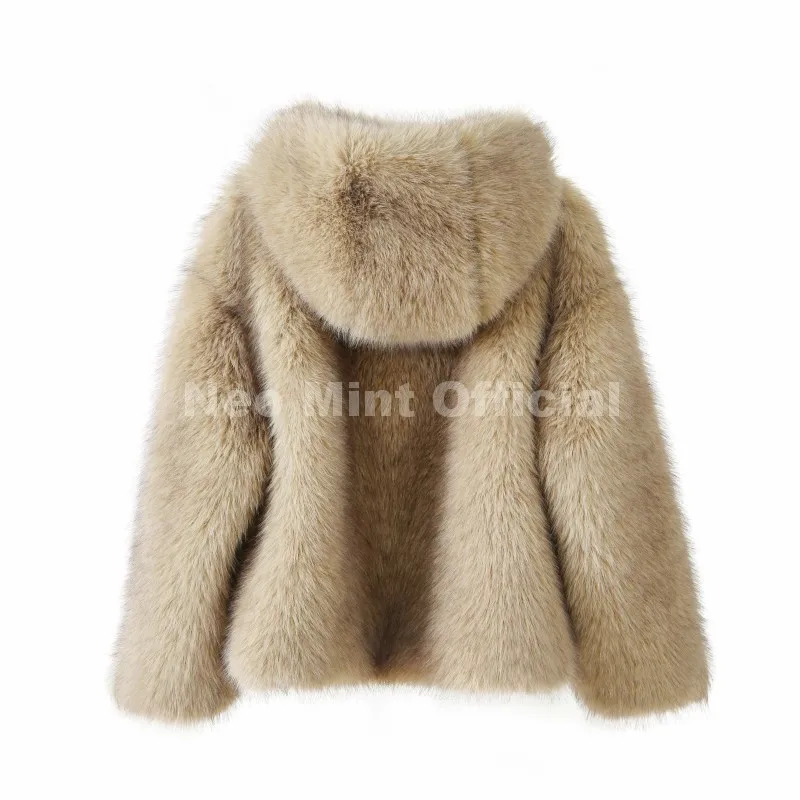 Neo Mint Exclusive Women Winter Hooded Faux Fur Coat Chic Street Fashion Girls Fluffy Fox Fur Jacket Thick Warm Shaggy Overcoat
