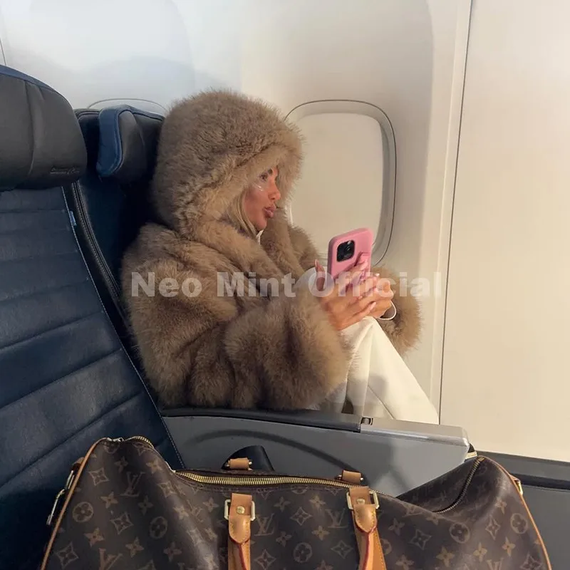 Neo Mint Exclusive Women Winter Hooded Faux Fur Coat Chic Street Fashion Girls Fluffy Fox Fur Jacket Thick Warm Shaggy Overcoat