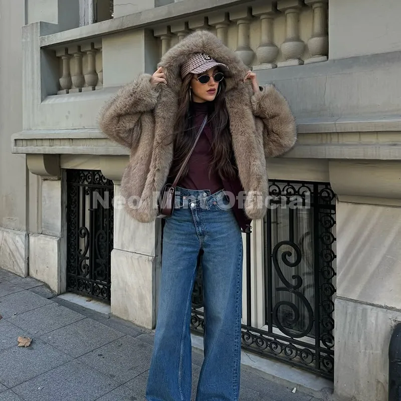 Neo Mint Exclusive Women Winter Hooded Faux Fur Coat Chic Street Fashion Girls Fluffy Fox Fur Jacket Thick Warm Shaggy Overcoat