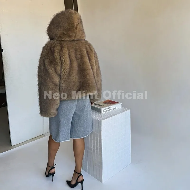 Neo Mint Exclusive Women Winter Hooded Faux Fur Coat Chic Street Fashion Girls Fluffy Fox Fur Jacket Thick Warm Shaggy Overcoat