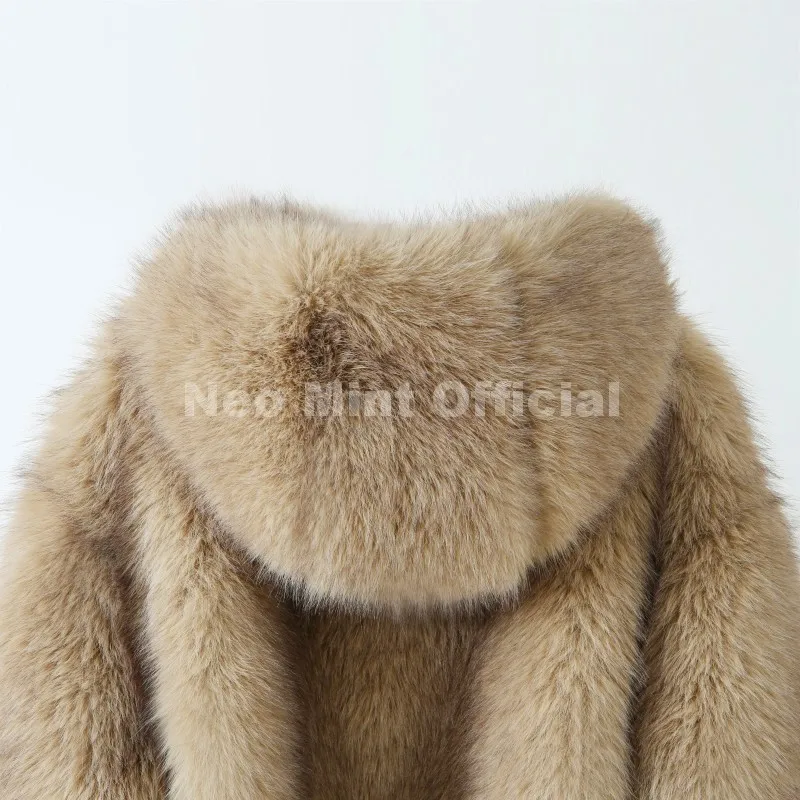 Neo Mint Exclusive Women Winter Hooded Faux Fur Coat Chic Street Fashion Girls Fluffy Fox Fur Jacket Thick Warm Shaggy Overcoat