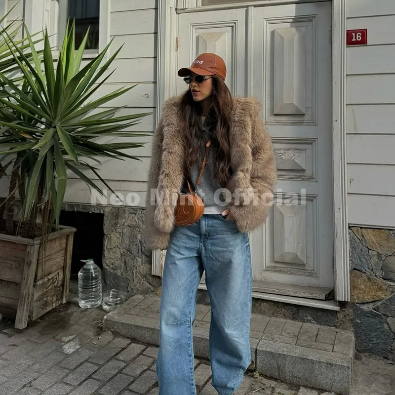 Neo Mint Exclusive Women Winter Hooded Faux Fur Coat Chic Street Fashion Girls Fluffy Fox Fur Jacket Thick Warm Shaggy Overcoat