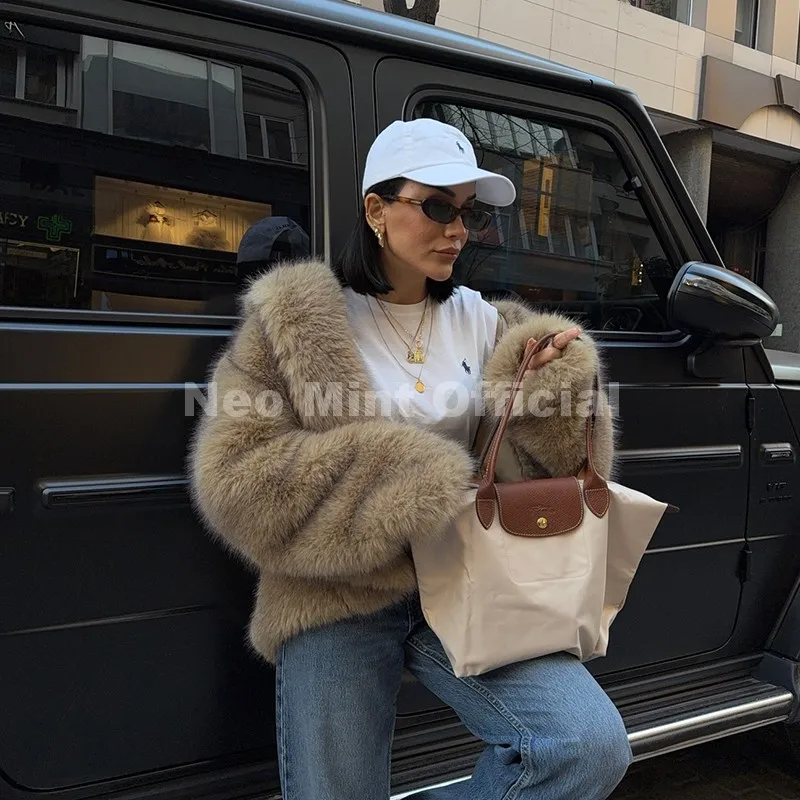 Neo Mint Exclusive Women Winter Hooded Faux Fur Coat Chic Street Fashion Girls Fluffy Fox Fur Jacket Thick Warm Shaggy Overcoat